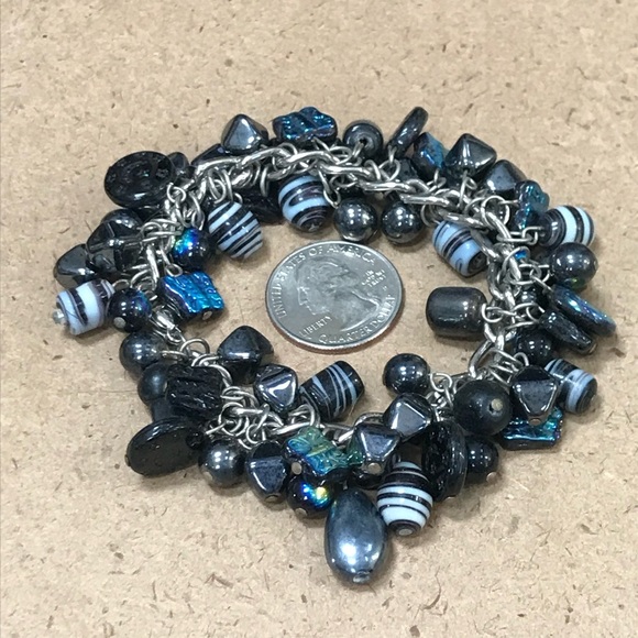 Black Blue Glass Beaded Bracelet Large Chunky Kinetic Statement iridescent charm - Picture 7 of 10